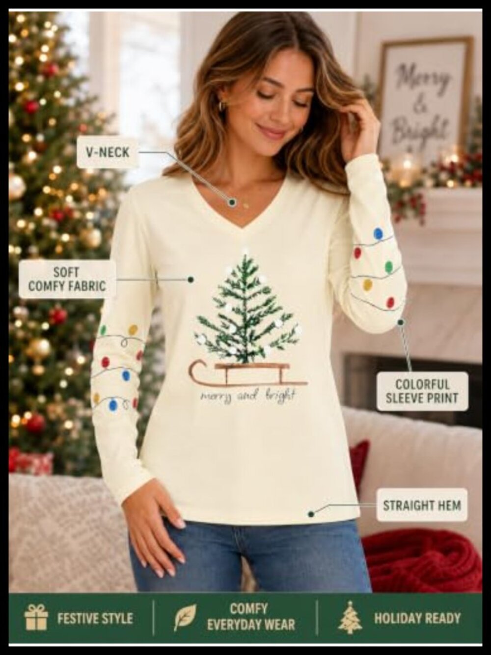 Christmas Tree Shirt Womens Long Sleeve Crew Neck Holiday Tee - Picture 3 of 5